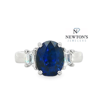 Platinum Oval Sapphire Ring with Baguette Diamond Accents