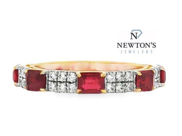 14K Yellow Gold Emerald Cut Ruby & Diamond Band