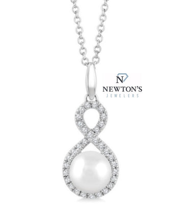 10kt White Gold Infinity Style Pearl & Diamond Pendant