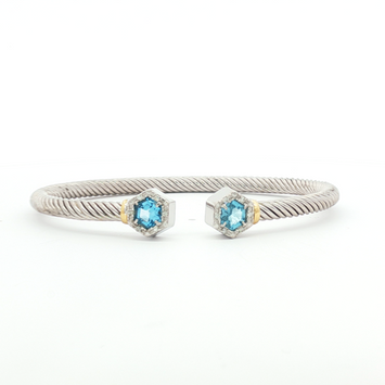 Sterling Silver & 18kt Yellow Gold Blue Topaz Cable Cuff Bracelet