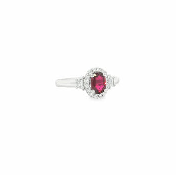 18kt White Gold Oval Ruby & Diamond Halo Ring