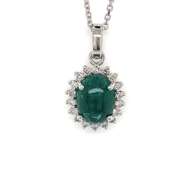 Estate 14kt White Gold Cabochon Emerald & Diamond Pendant