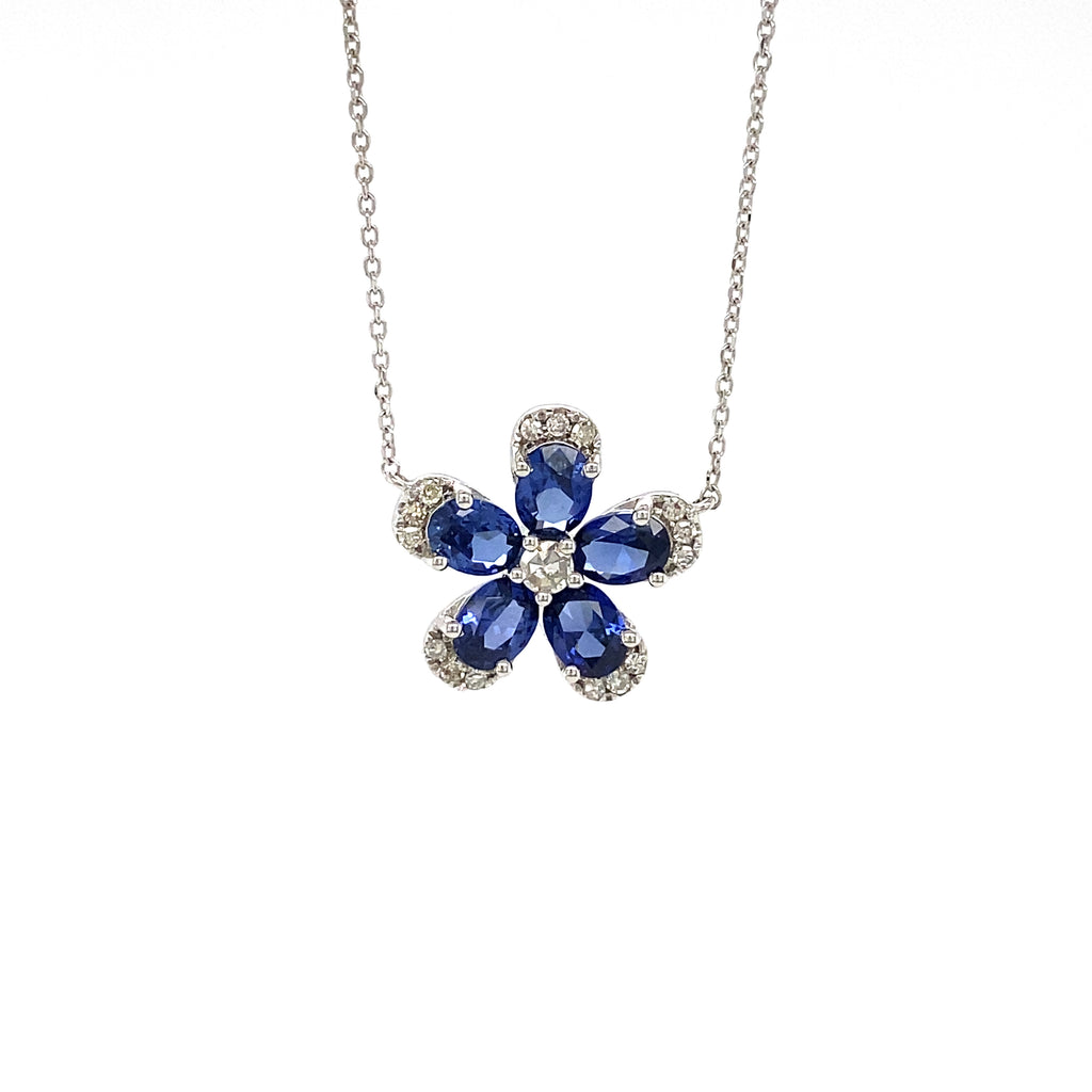 14kt White Gold Sapphire and Diamond Flower Pendant with Chain