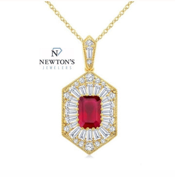 14kt Yellow Gold Ruby Pendant with Diamond Halo