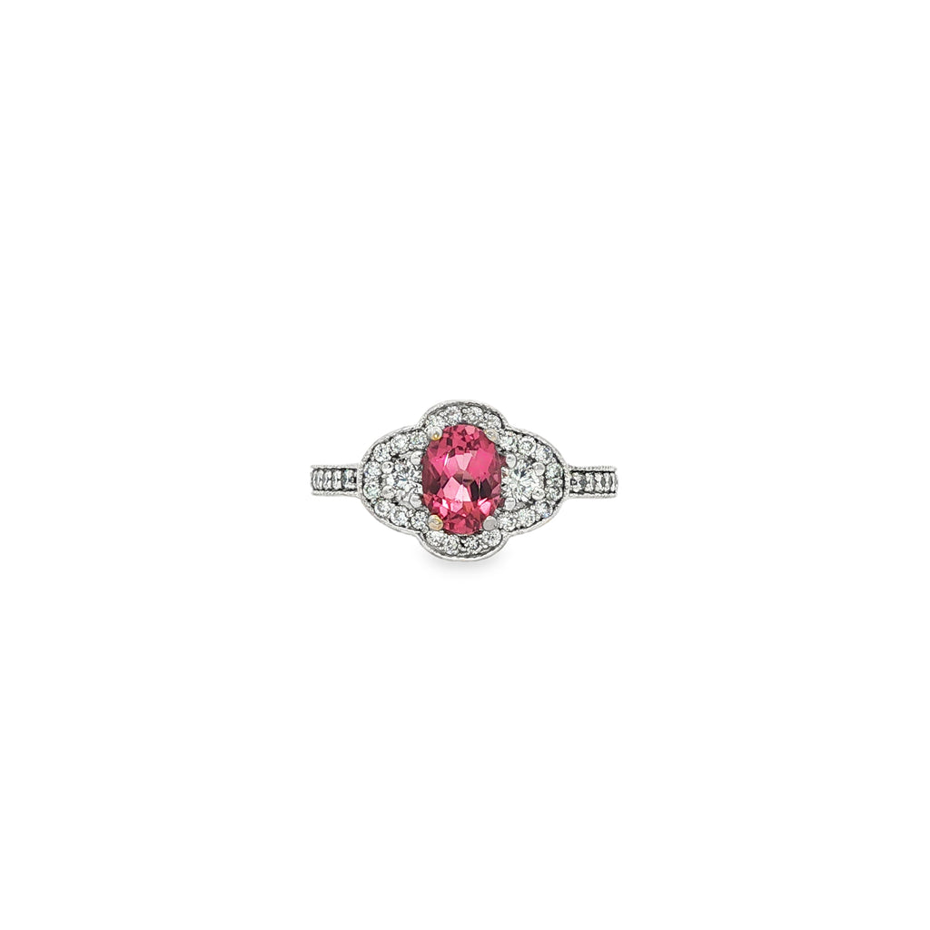 14kt White Gold Pink Tourmaline & Diamond Floral Halo Ring