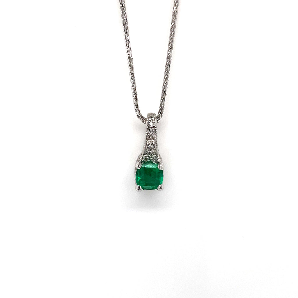 14kt White Gold Emerald and Diamond Pendant with Chain