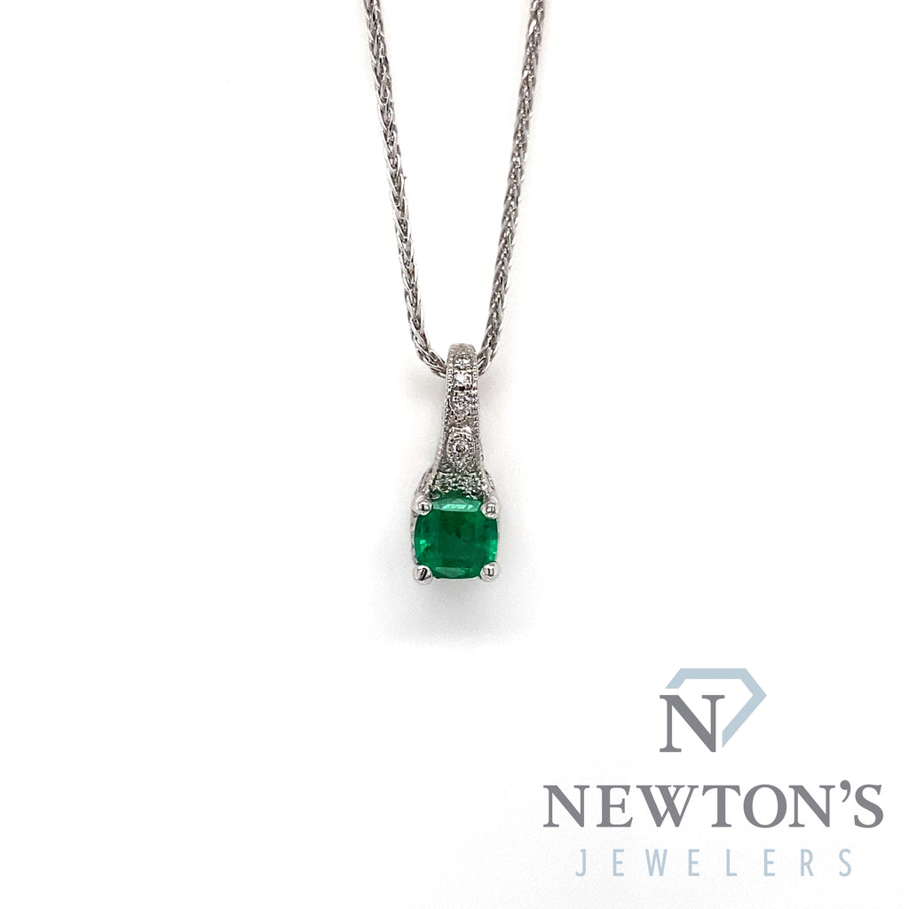 14kt White Gold Emerald & Diamond Pendant with Chain