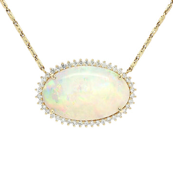 18kt Yellow Gold Opal & Diamond Halo Necklace