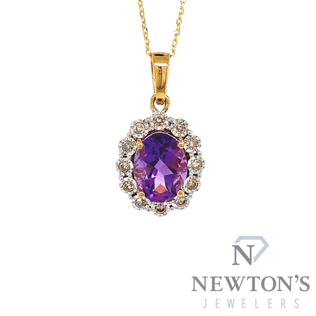 14kt Yellow Gold Amethyst & Diamond Pendant with Chain