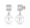 14kt White Gold 1/10 ctw 6x6MM Cultured Pearls, Baguette and Round Cut Diamond Earrings