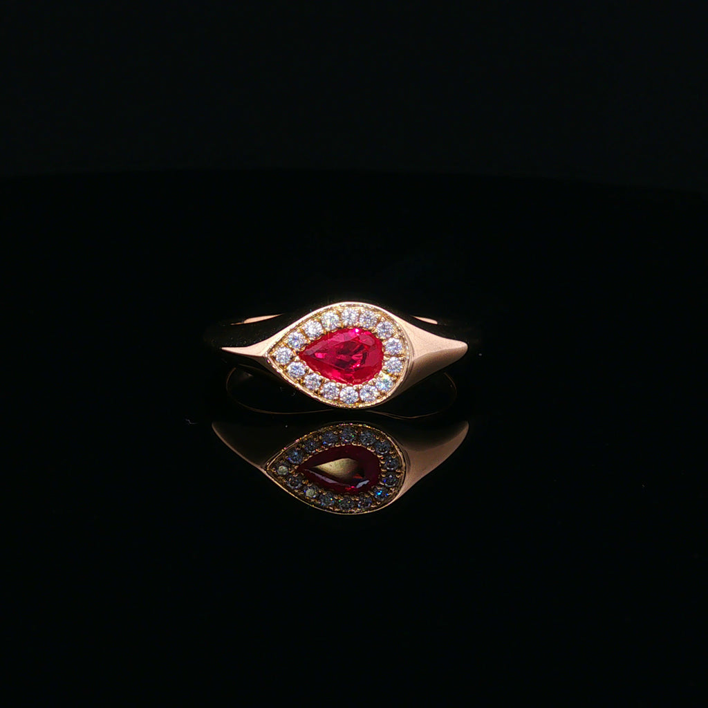 14kt Yellow Gold Pear Shaped Ruby & Diamond Halo Ring