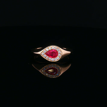 14kt Yellow Gold Pear Shaped Ruby & Diamond Halo Ring