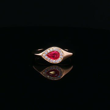 14kt Yellow Gold Pear Shaped Ruby & Diamond Halo Ring