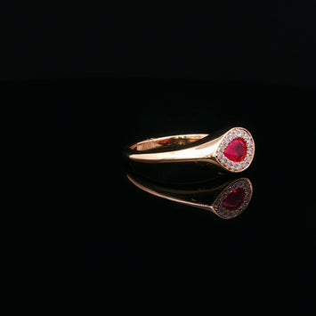 14kt Yellow Gold Pear Shaped Ruby & Diamond Halo Ring