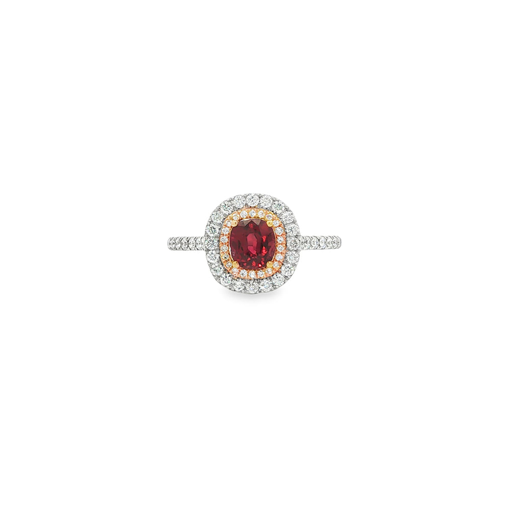 14kt White & Yellow Gold Oval Ruby and Diamond Halo Ring