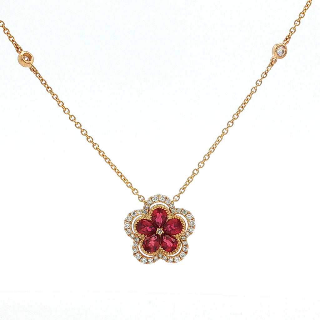 14kt Yellow Gold Ruby & Diamond Flower Necklace