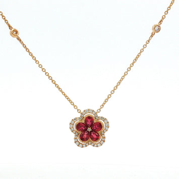 14kt Yellow Gold Ruby & Diamond Flower Necklace
