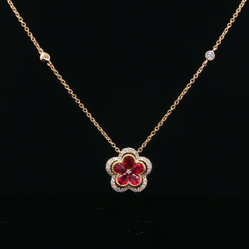 14kt Yellow Gold Ruby & Diamond Flower Necklace
