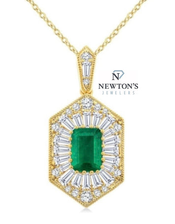 14kt Yellow Gold Emerald & Baguette Diamond Halo Pendant