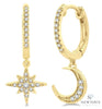 10kt Yellow Gold Star and Moon Petite Diamond Huggie Fashion Earrings