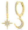 10kt Yellow Gold Star and Moon Petite Diamond Huggie Fashion Earrings