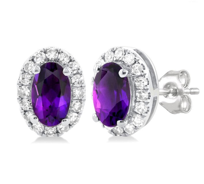 10kt White Gold Amethyst and Diamond Halo Earrings