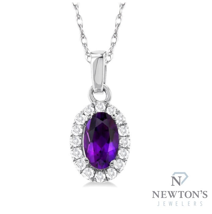 10kt White Gold Amethyst and Diamond Halo Pendant and Chain