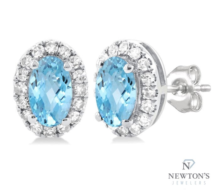 10kt White Gold Aquamarine with Halo Diamond Earrings