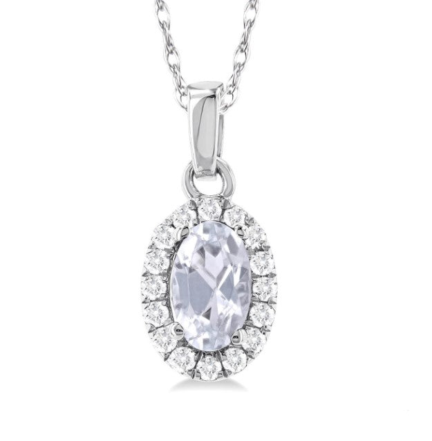 10kt White Gold White Topaz and Halo Diamond Pendant and Chain