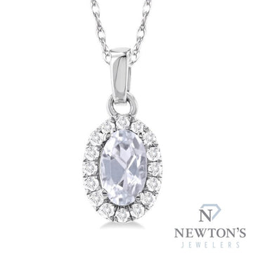 10kt White Gold White Topaz and Halo Diamond Pendant and Chain