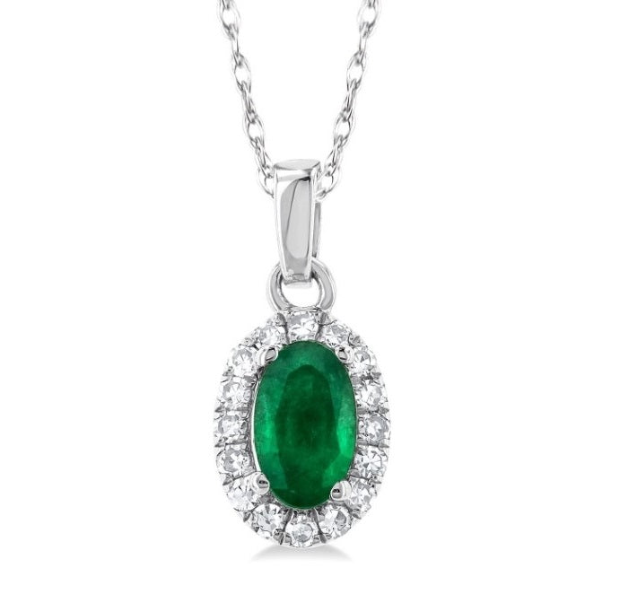 10kt White Gold Emerald and Diamond Pendant with Chain