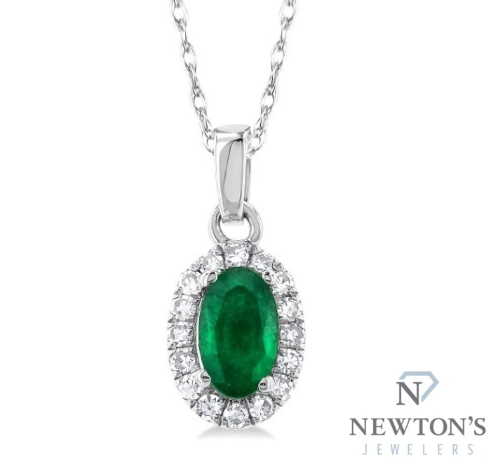 10kt White Gold Emerald and Diamond Pendant with Chain