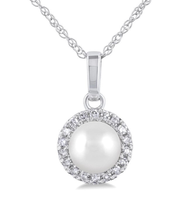 10kt White Gold Pearl and Diamond Halo Pendant and Chain