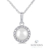 10kt White Gold Pearl and Diamond Halo Pendant and Chain