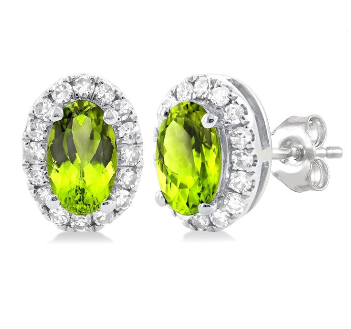 10kt White Gold Peridot and Diamond Halo Earrings