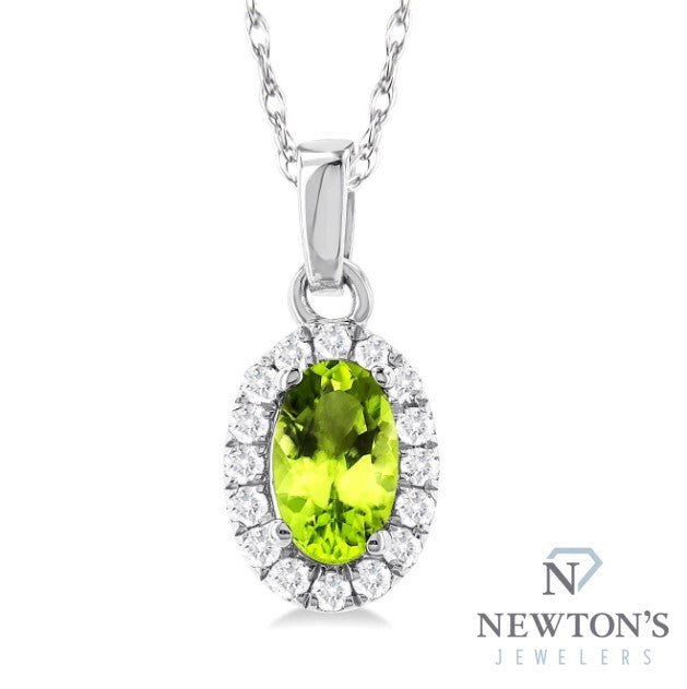 10kt White Gold Peridot and Diamond Halo Pendant and Chain