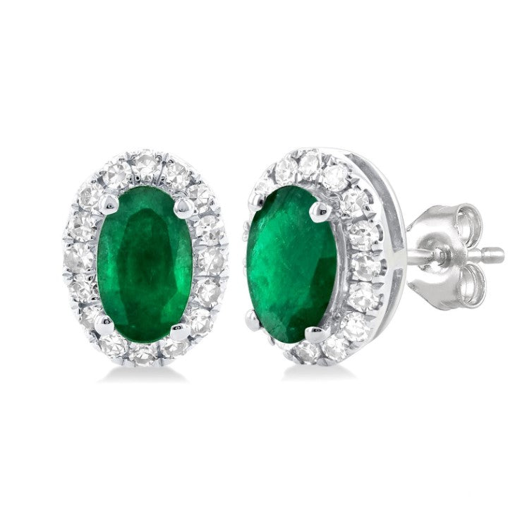 10kt White Gold Emerald & Diamond Halo Earrings