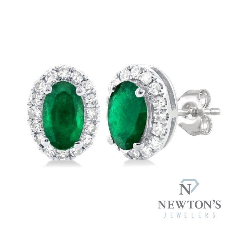 10kt White Gold Emerald & Diamond Halo Earrings