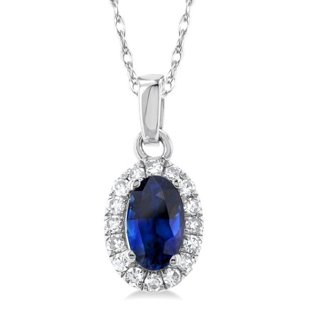 10kt White Gold Sapphire and Diamond Halo Pendant and Chain