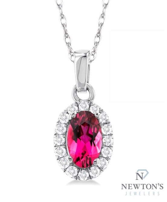 10kt White Gold Pink Tourmaline and Halo Diamond Pendant and Chain