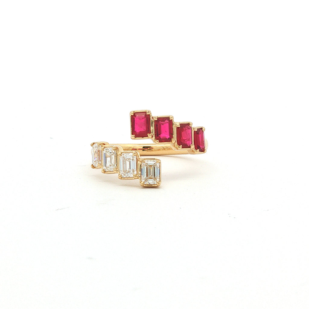18kt Yellow Gold Emerald Cut Ruby & Diamond Bypass Ring