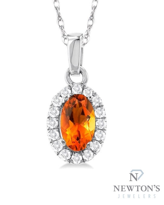 10kt White Gold Citrine and Halo Diamond Pendant and Chain