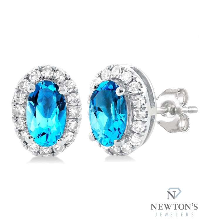 10kt White Gold Blue Topaz & Diamond Halo Earrings