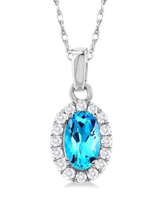 10kt White Gold Blue Topaz and Diamond Halo Pendant and Chain