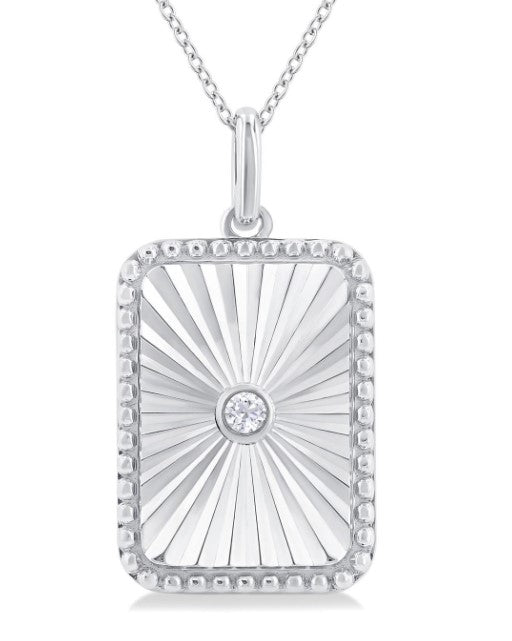 Silver Rectangle Shape Fluted Medallion Diamond Pendant