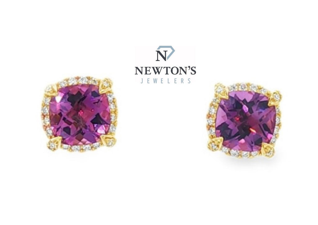14kt Yellow Gold Cushion Cut Amethyst with Diamond Halo Studs