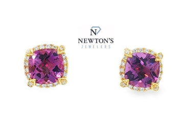 14kt Yellow Gold Cushion Cut Amethyst with Diamond Halo Studs
