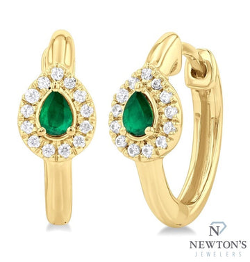 10kt Yellow Gold Pear Shape Emerald & Diamond Huggie Fashion Earrings
