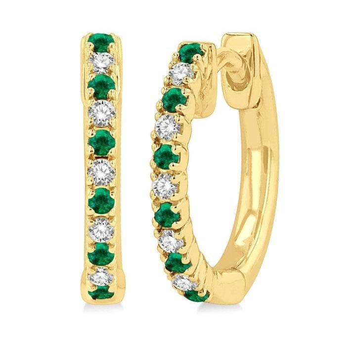 10kt Yellow Gold Emerald & Diamond Huggie Fashion Earrings