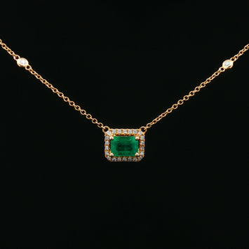 14kt Yellow Gold Emerald & Diamond Halo Necklace